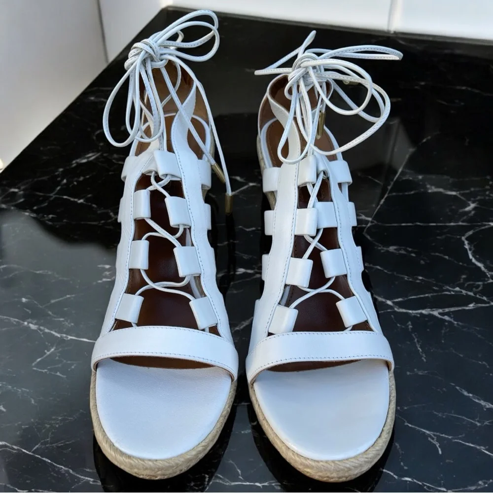 Aquazzura Firenze Amazon Gladiator White Leather Lace-Up Strappy Wedge Sandals
